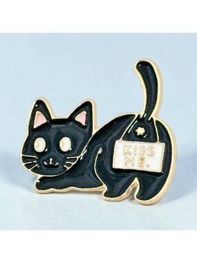 Kiss Me Sign Black Cat Enamel Lapel Pin Kawaii Humorous